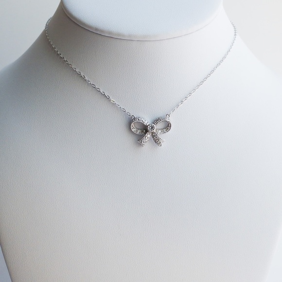 Sterling Silver Chain Pendant Necklace Pave Cubic Zirconia CZ Bow Pendant .925 - Picture 1 of 13